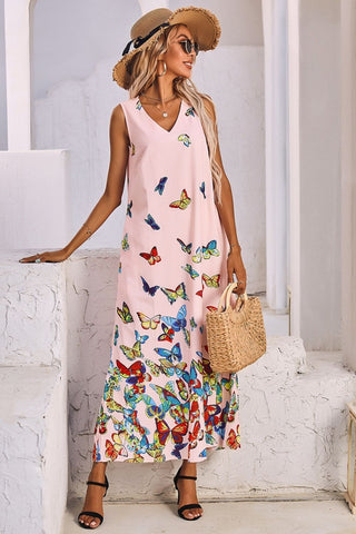 V-Neck Butterfly Print Sleeveless Dress