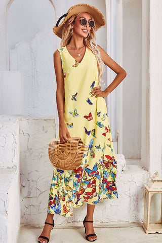 V-Neck Butterfly Print Sleeveless Dress