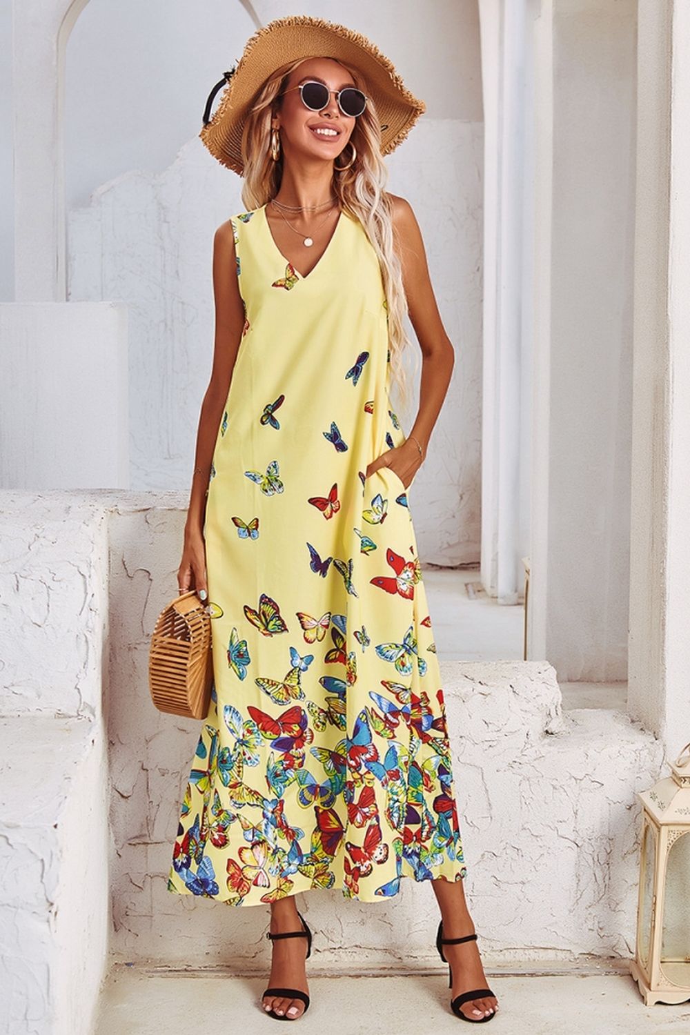 V-Neck Butterfly Print Sleeveless Dress