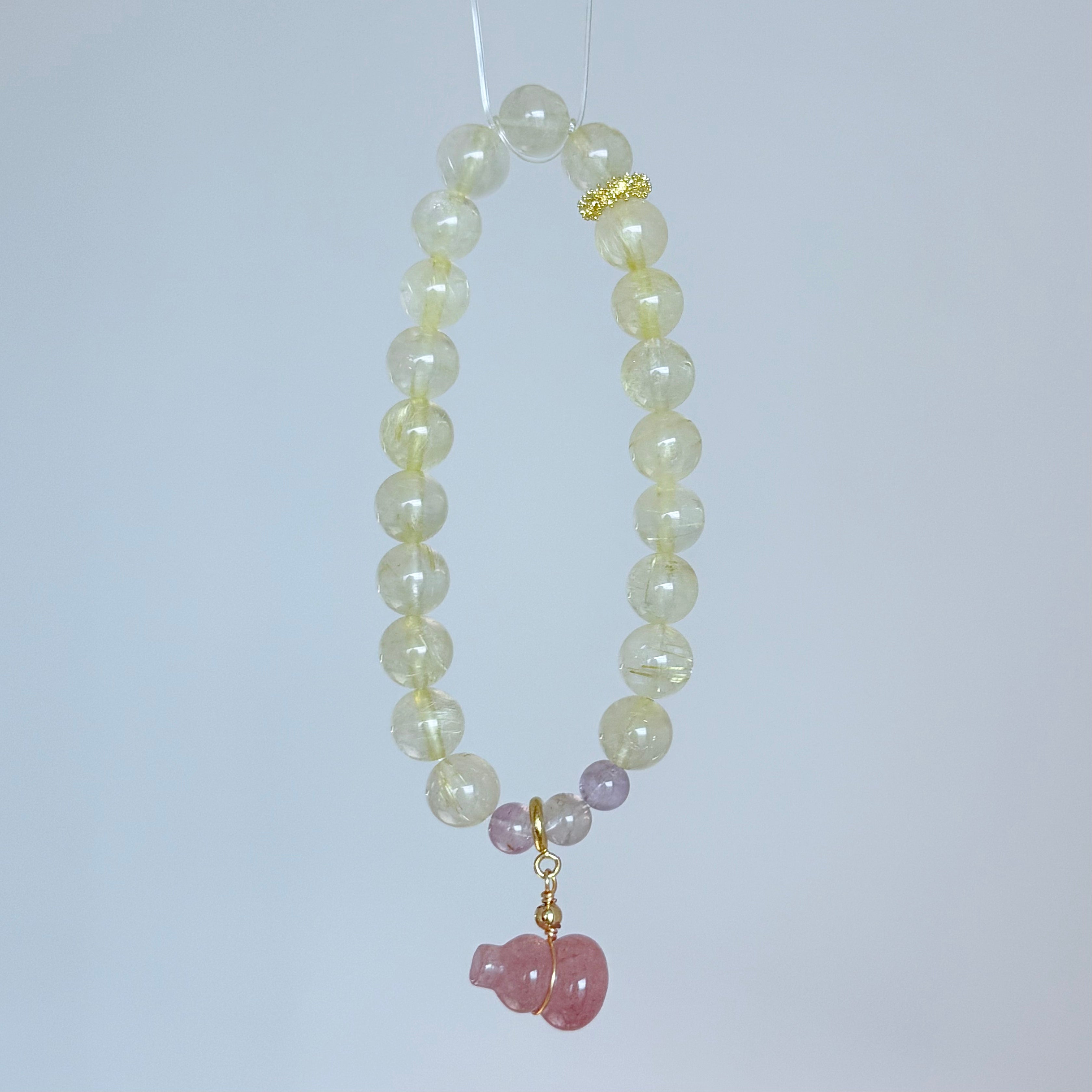 Golden Rutilated Quartz & Pink Tourmaline Pixiu Bracelet