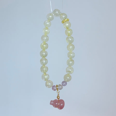 Golden Rutilated Quartz & Pink Tourmaline Pixiu Bracelet