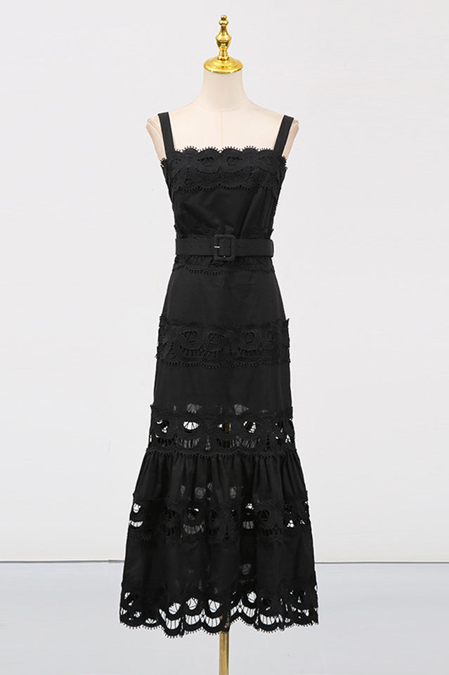 White Linen Lace Insert Midi Dress