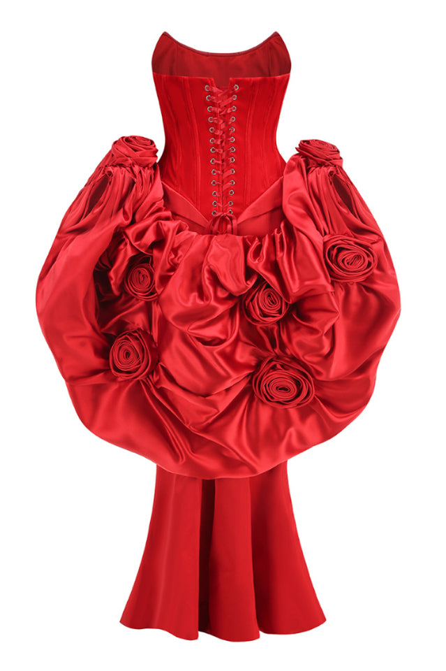 Strapless Floral Puff Detail Corset Maxi Dress