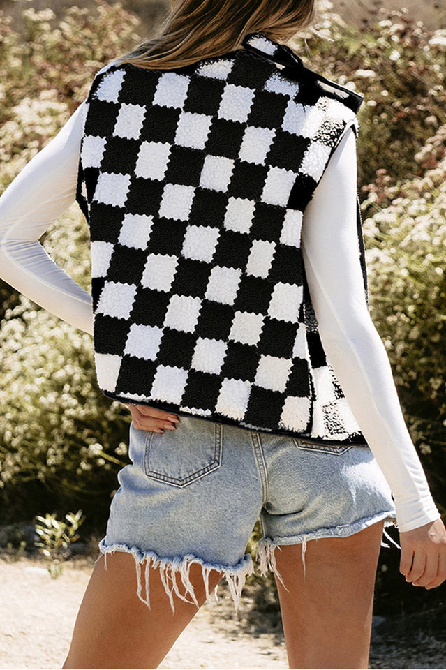 Checkered Sherpa Collared Jacket Vest