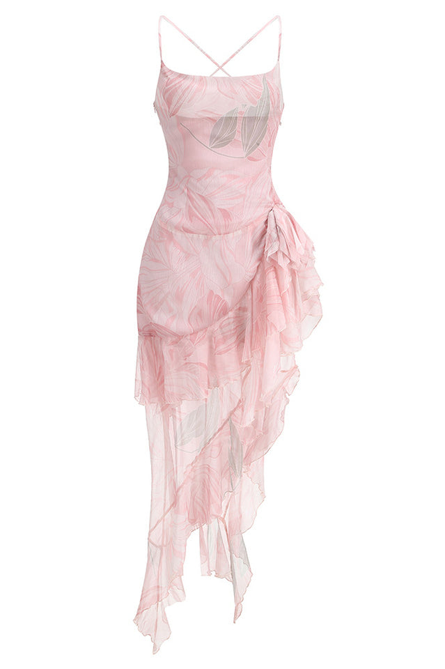 Printed Ruffle Asymmetric Maxi Dress