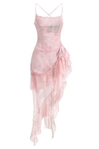 Printed Ruffle Asymmetric Maxi Dress