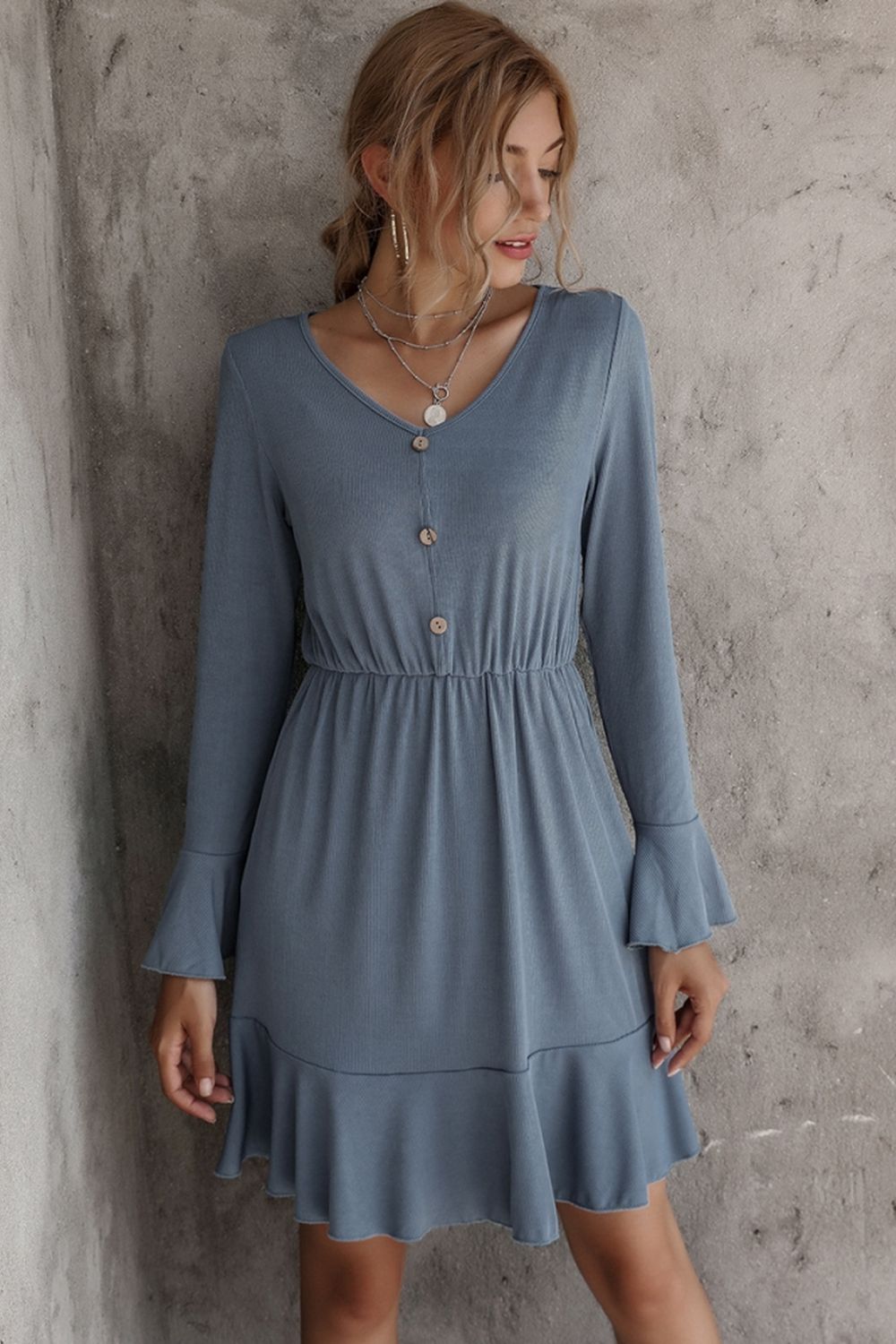 V-Neck Solid Color Long-Sleeved Dress