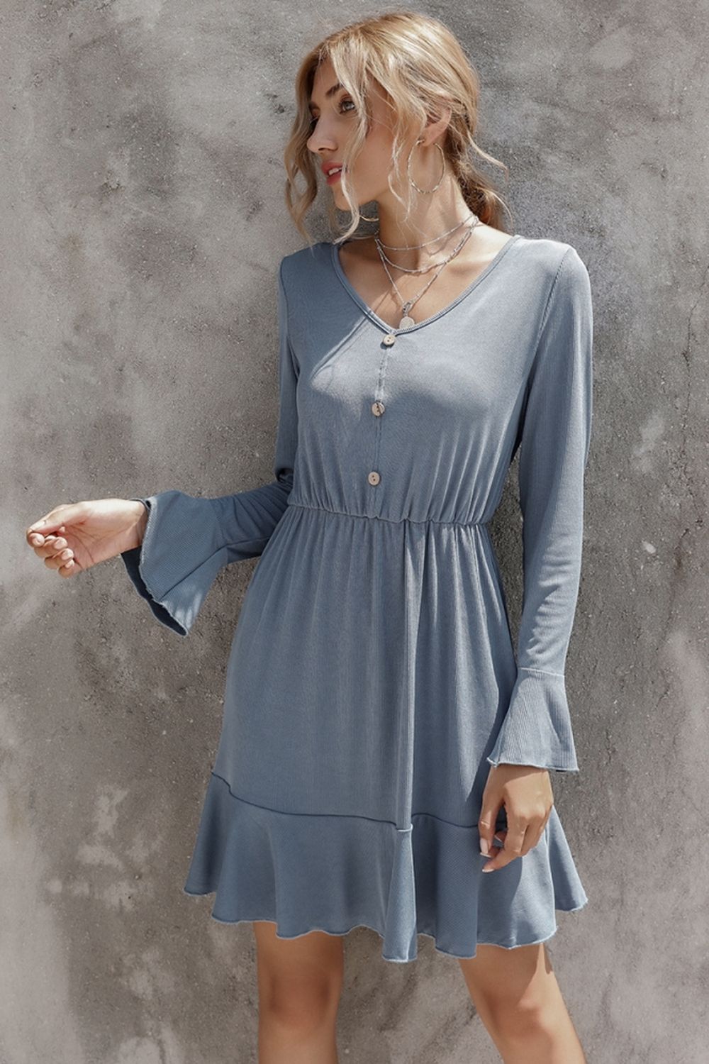 V-Neck Solid Color Long-Sleeved Dress