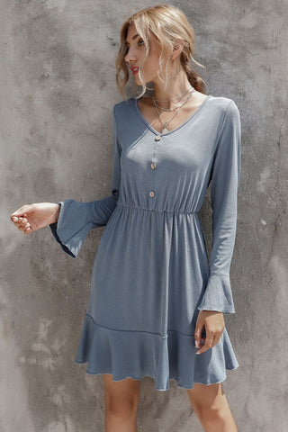 V-Neck Solid Color Long-Sleeved Dress