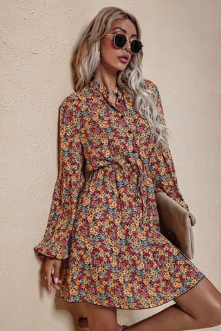 V-Neck High Waist Floral Chiffon Dress