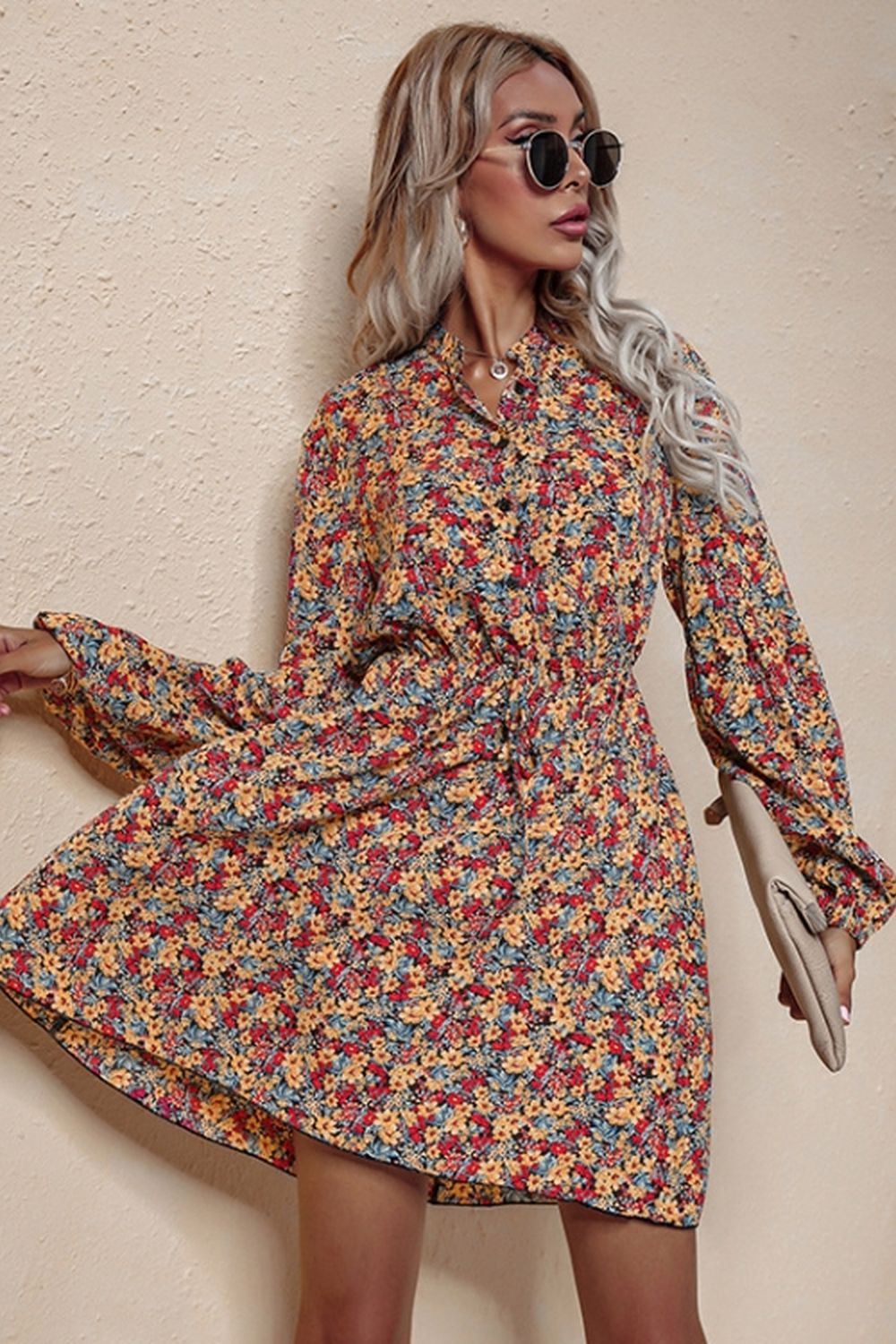 V-Neck High Waist Floral Chiffon Dress