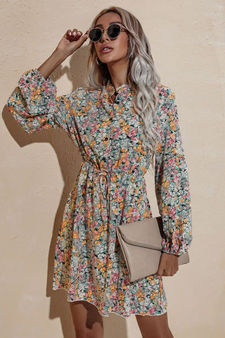 V-Neck High Waist Floral Chiffon Dress