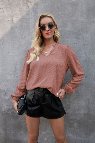 V-Neck Puff Sleeve Slim Blouse