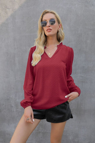 V-Neck Puff Sleeve Slim Blouse