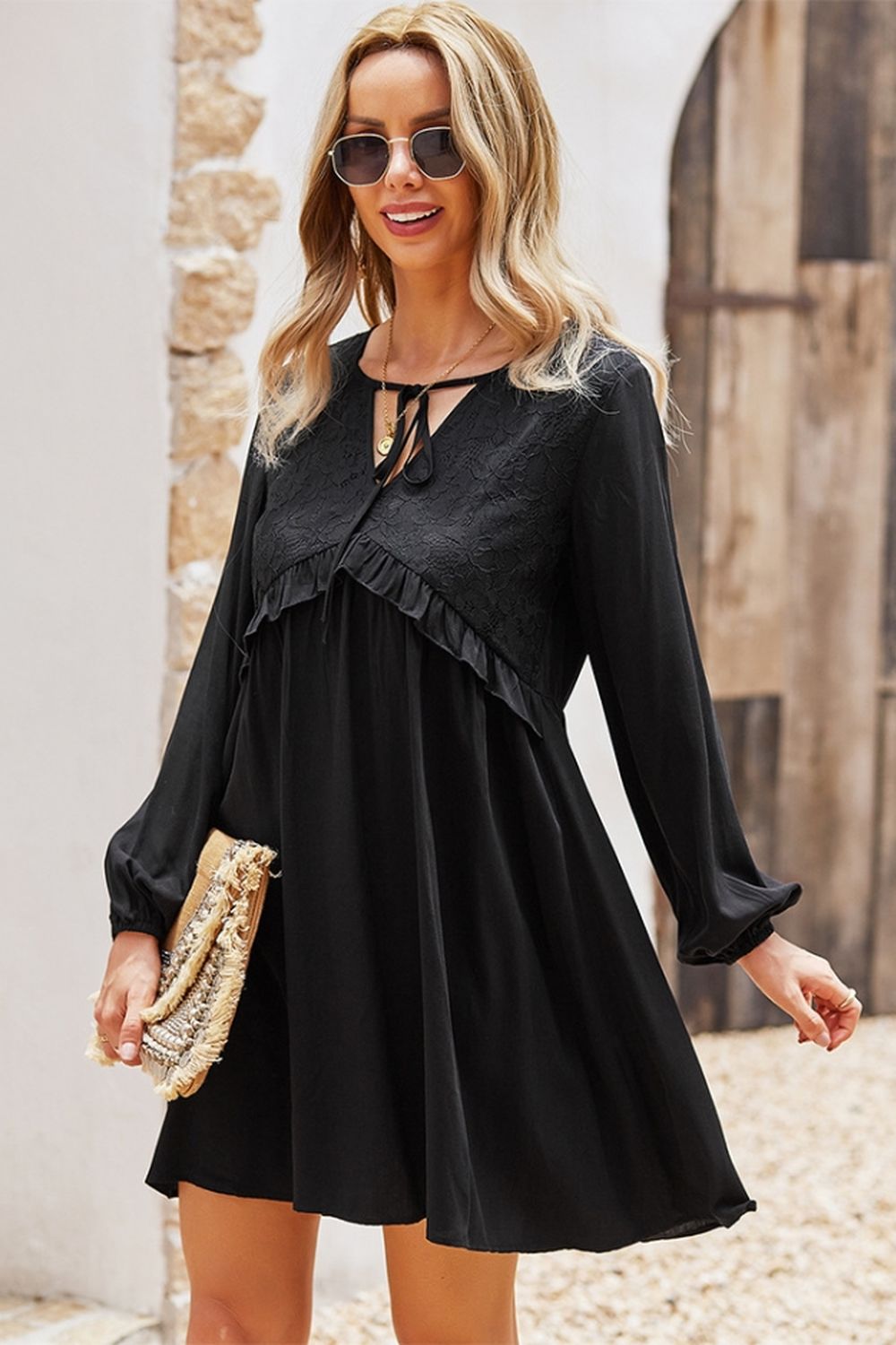 V-Neck Lace A-Line Dress