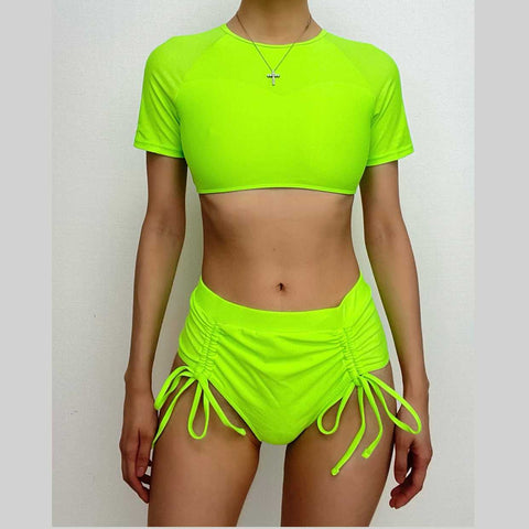 Short sleeve lace up solid drawstring bikini swimwear