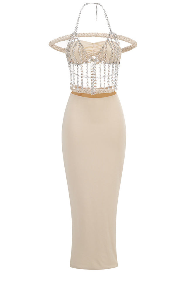 Halter Crystal Braided Bardot Maxi Dress