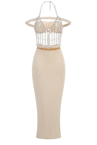 Halter Crystal Braided Bardot Maxi Dress