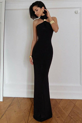 Golden Bead Trim Halter Sheath Dress