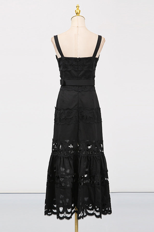 White Linen Lace Insert Midi Dress