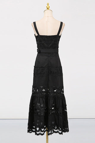 White Linen Lace Insert Midi Dress