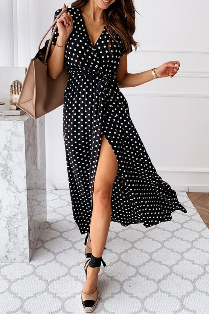 Dot Slit V Neck Printed Dresses(4 Colors)