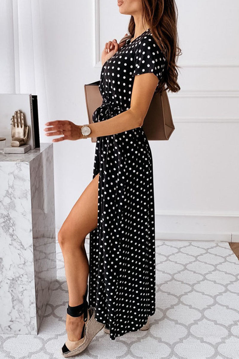 Dot Slit V Neck Printed Dresses(4 Colors)