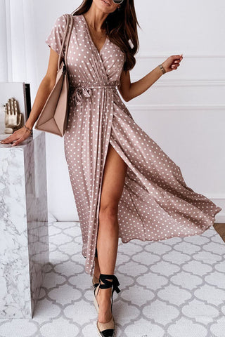 Dot Slit V Neck Printed Dresses(4 Colors)