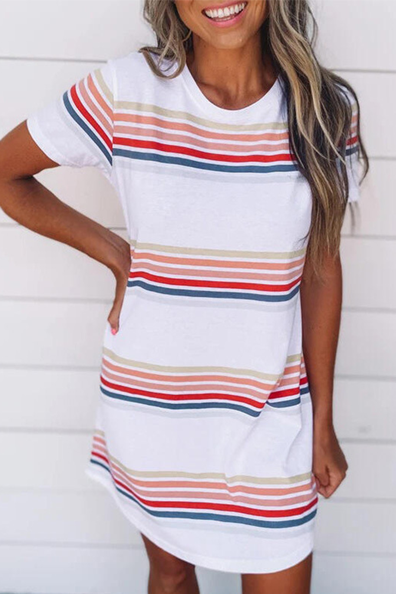 Casual Striped Character Print Contrast O Neck Short Sleeve Dresses