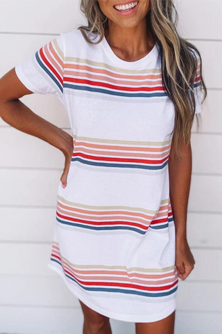 Casual Striped Character Print Contrast O Neck Short Sleeve Dresses