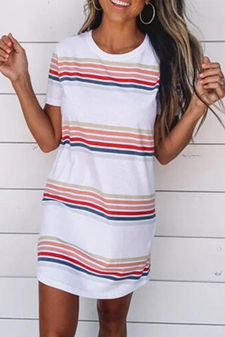 Casual Striped Character Print Contrast O Neck Short Sleeve Dresses