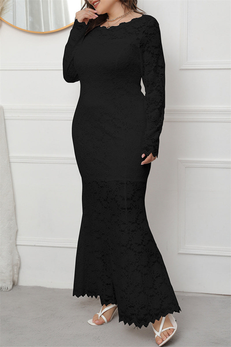 Fashion Solid Patchwork See-through O Neck Long Sleeve Plus Size Dresses