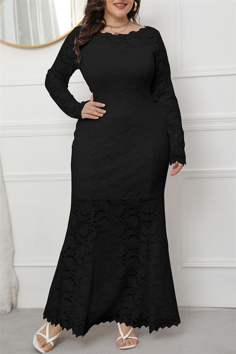 Fashion Solid Patchwork See-through O Neck Long Sleeve Plus Size Dresses