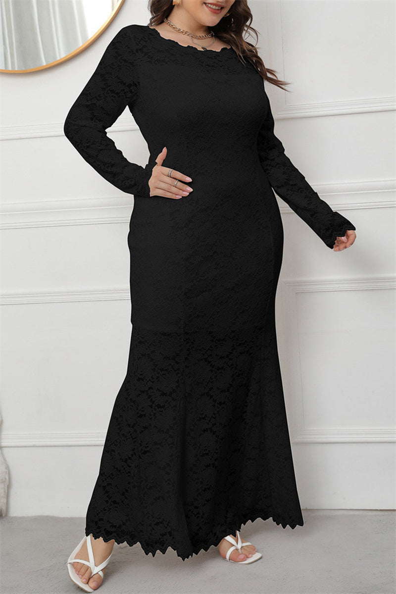 Fashion Solid Patchwork See-through O Neck Long Sleeve Plus Size Dresses