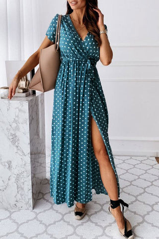 Dot Slit V Neck Printed Dresses(4 Colors)