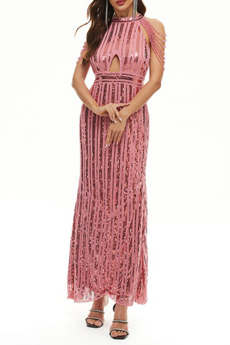 Prominente Elegante Solide Pailletten Patchwork O Neck Abendkleid Kleider
