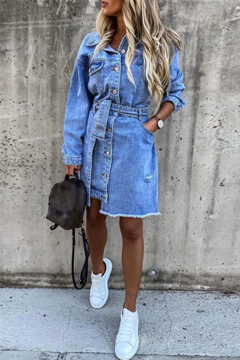 Casual Solid Patchwork With Belt Turndown Collar Long Sleeve Regular Denim Dresses