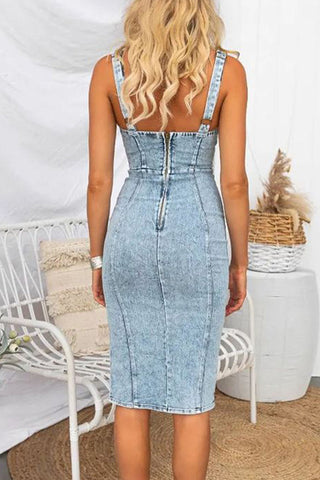 Solid Slit U Neck Sleeveless Regular Denim Dresses