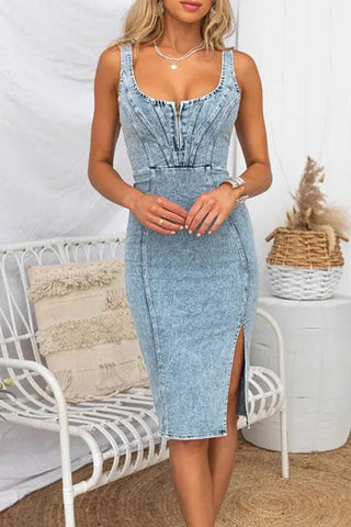 Solid Slit U Neck Sleeveless Regular Denim Dresses