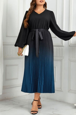 Casual Gradual Change Print Pleated V Neck Long Sleeve Plus Size Dresses