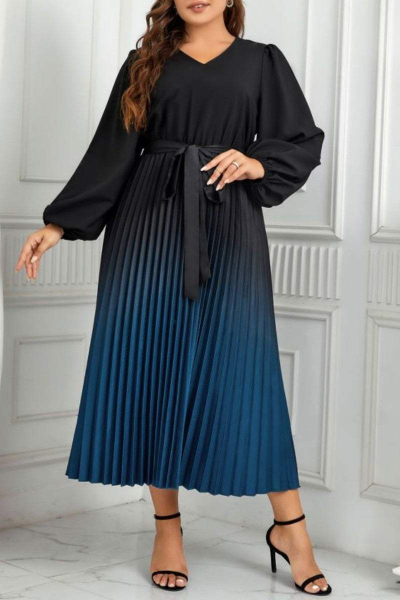 Casual Gradual Change Print Pleated V Neck Long Sleeve Plus Size Dresses