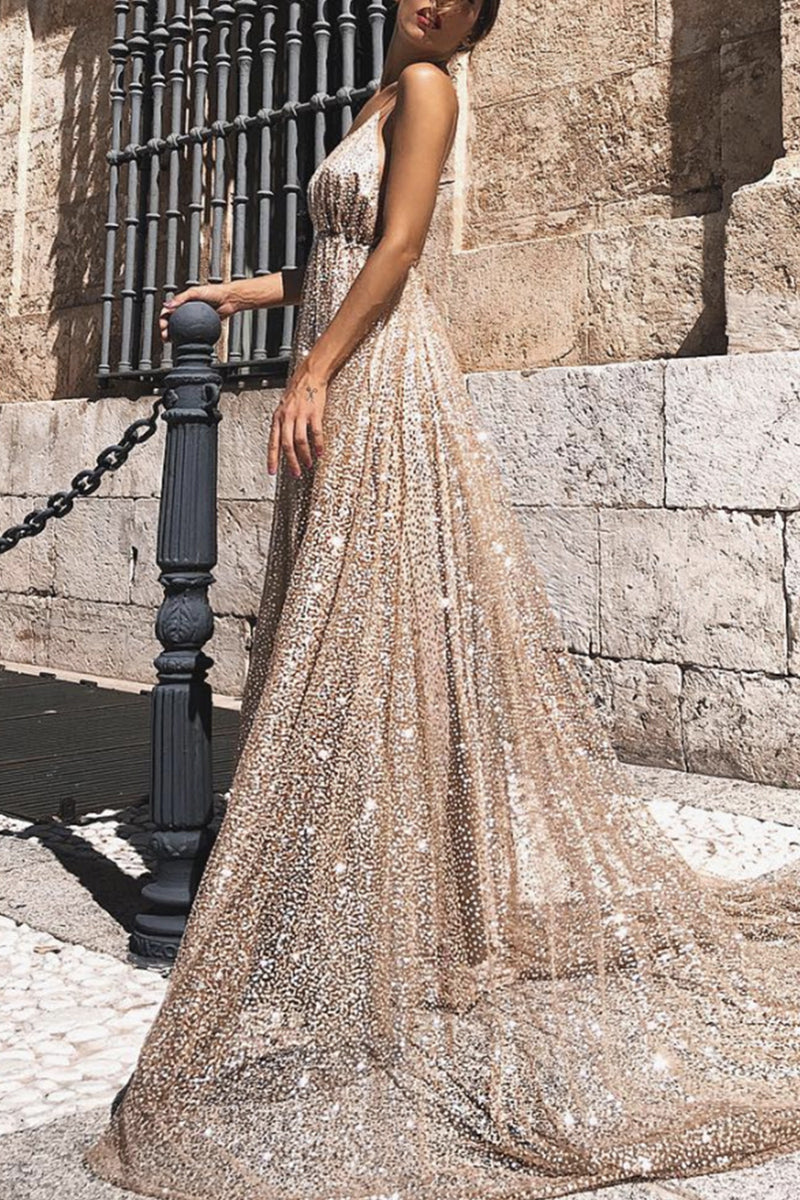 Formal Solid Sequined V Neck Sling Dress Dresses