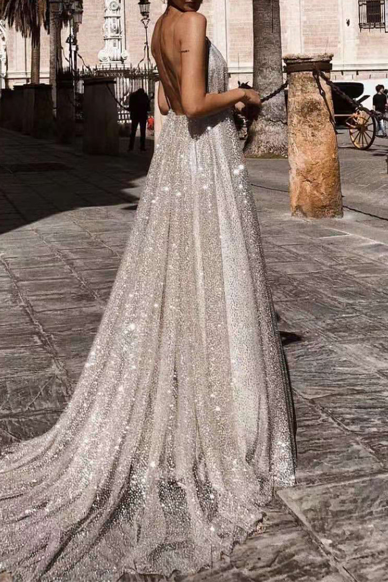 Formal Solid Sequined V Neck Sling Dress Dresses