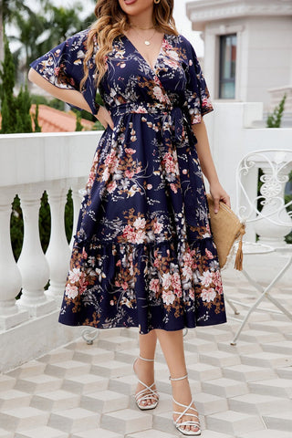 Casual Print Frenulum V Neck A Line Plus Size Dresses