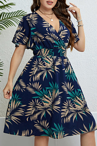 Casual Print Patchwork V Neck Short Sleeve Dress Plus Size Dresses