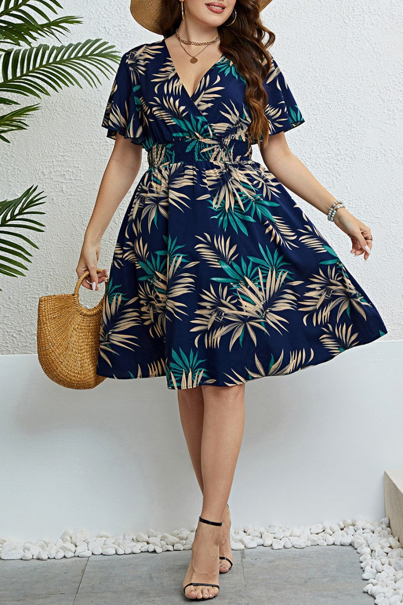 Casual Print Patchwork V Neck Short Sleeve Dress Plus Size Dresses