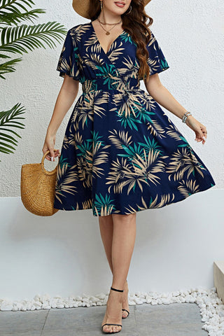 Casual Print Patchwork V Neck Short Sleeve Dress Plus Size Dresses