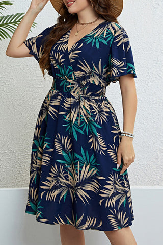 Casual Print Patchwork V Neck Short Sleeve Dress Plus Size Dresses