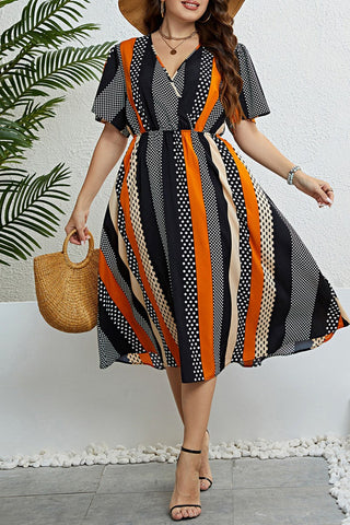 Casual Print Patchwork V Neck Short Sleeve Dress Plus Size Dresses