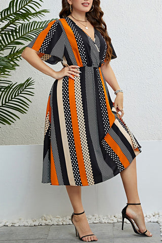 Casual Print Patchwork V Neck Short Sleeve Dress Plus Size Dresses